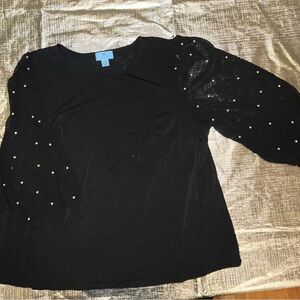 CeCe Black Blouse with Pearl Details